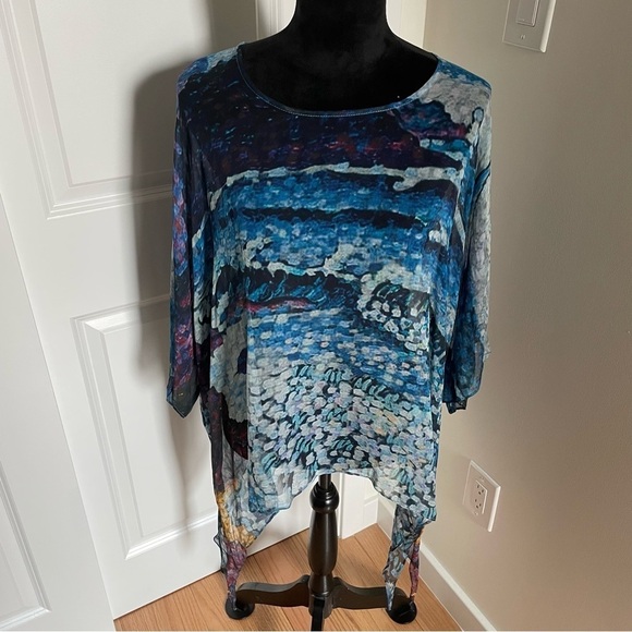 Soft Surroundings Oversized Blue Painting Pattern Silk Top EUC 29212 Size L/XL - Picture 1 of 9